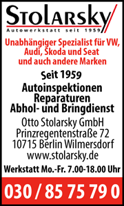 Stolarsky Auterkstatt seit 1959 Unabhängiger Spezialist für VW, Audi, Skoda, Seat und andere Marken, Autoinspektionen, Reparaturen, Abhol- und Bringdienst, Berlin Wilmersdorf