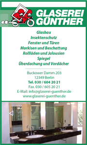 Glaserei Günther Berlin-Buckow, Glasbau, Insektenschutz, Glasdachsanierung, Fenster und Türen