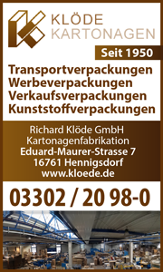 Klöde Kartonagen seit 1950 Transportverpackungen, Werbeverpackungen, Verkaufsverpackungen, Kunststoffverpackungen, Richard Klöde GmbH Henningsdorf bei Berlin